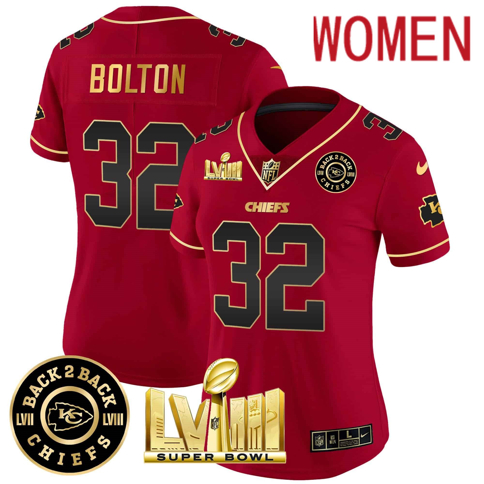 Women Kansas City Chiefs 32 Bolton Red 2024 Nike Super Bowl LVIII & Back 2 Back Patch Vapor NFL Jersey style 2